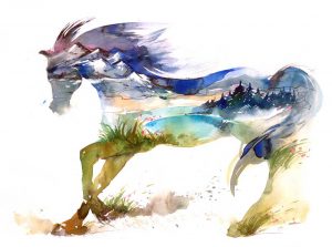 Artist watercolor of horse running